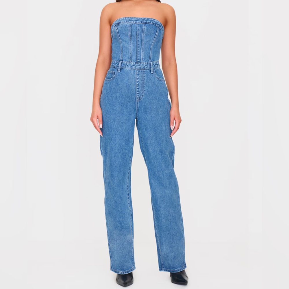 PrettyLittleThing Strapless Blue Denim Overalls